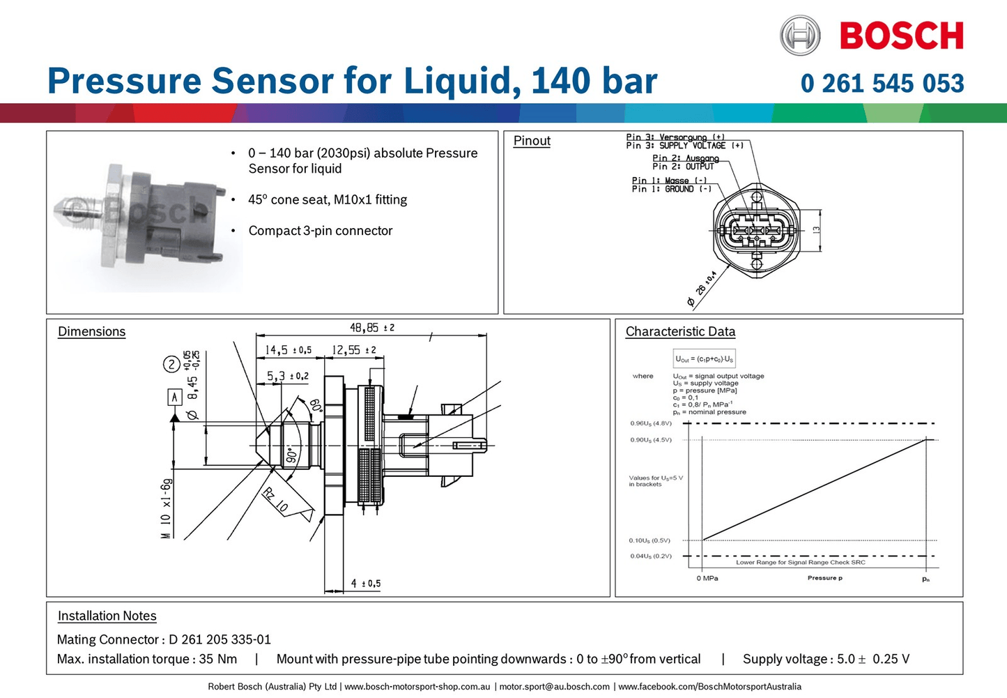 Bosch 0-2030psi (140Bar) Pressure Sensor - Turello Racing